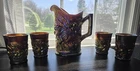 ANTIQUE NORTHWOOD ACORN BURRS CARNIVAL GLASS PITCHER AMETHYST PLUS CUPS