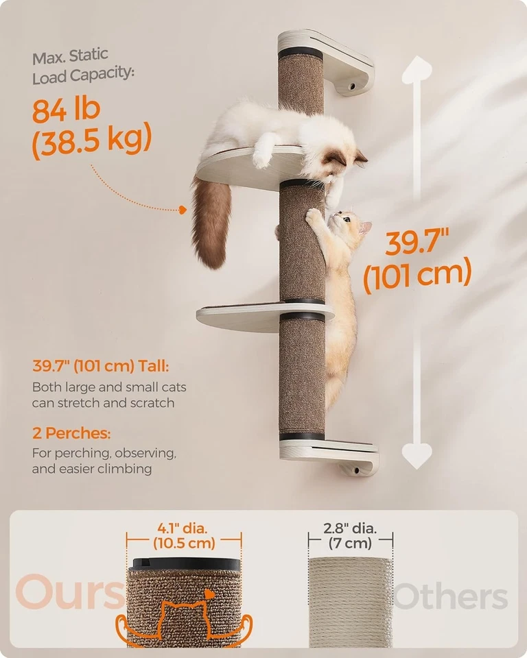 Feandrea 39.7" Wall-Mounted Cat Tree Tower with Scratching Posts & Perches - Image 4 of 4