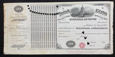 US 1873 SPECIAL TAX REVENUE CERTIFICATE $20 RETAIL DEALER IN MALT LIQUORS