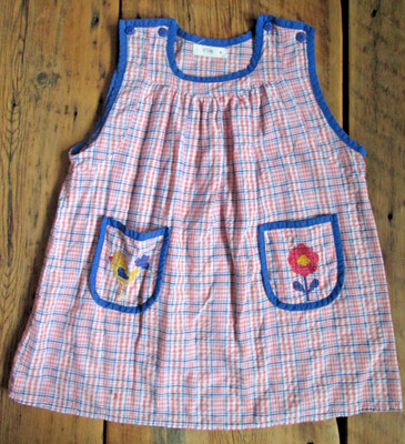 O.taly Mexican Apron Dress Girls European 90 US 2T Pink Blue Check Embroidered