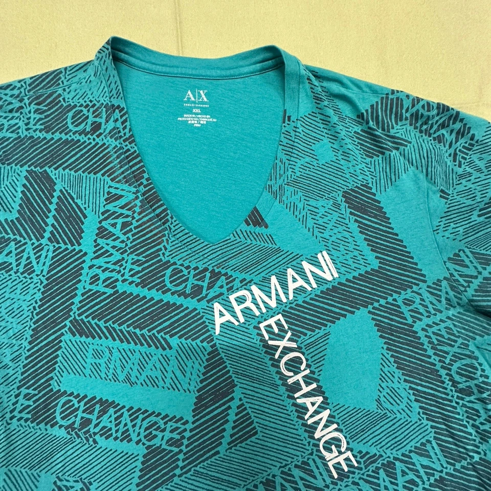 Armani Exchange Men’s AOP Logo T-shirt Blue Black XXL 2XL Large V Cotton V Neck - Image 2 of 4