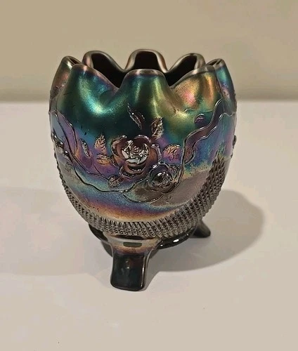 Northwood Amethyst Carnival Glass Wild Rose Three Footed Rose Bowl 4" Antique