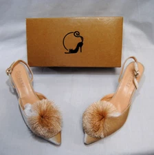 Divanne Women's Puff Pompom Slingback Pumps Pointed Toe Kitten Heels  New  T2346