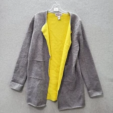 Oliver by Escio Women Sweater Large Gray Wool Angora Blend Cardigan Mustard Trim