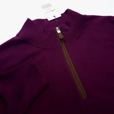Peter Millar Crown Soft $278 Suede Trim Wool Cotton Quarter Zip Sweater Mulberry