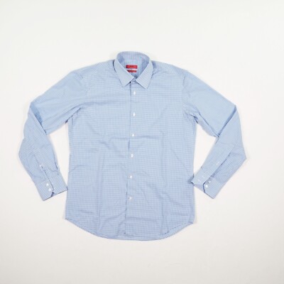 HUGO BOSS Herren Hemd Gr. 39/40 blau weiß kariert Langarm Kentkragen Baumwolle