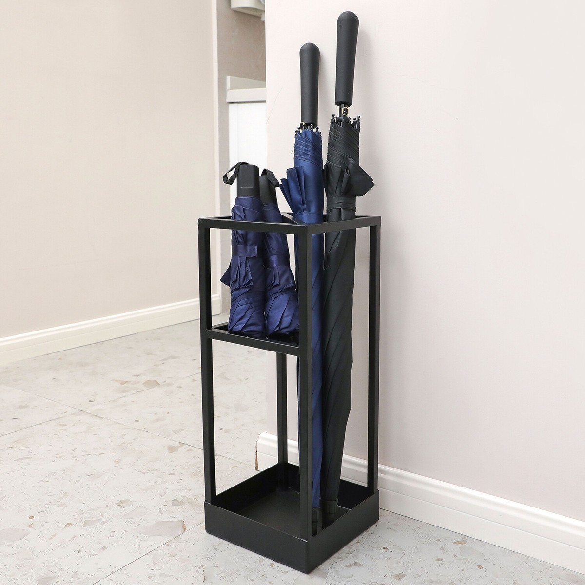 BEWBBAT Black Metal Umbrella Stand - Square Holder For Entryway, Holds 4-5 Umbrellas