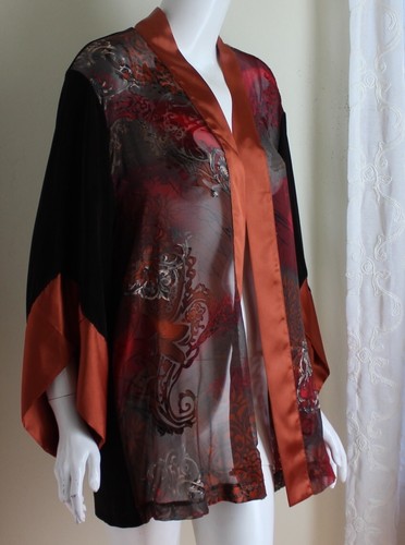 NWT Chico's Travelers Sz 2 L Semi-Sheer Silk Front Kimono Asian Orange Jacket - Picture 5 of 11