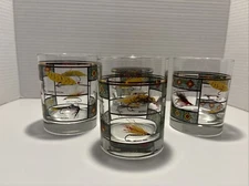 Vintage Libbey Fly Fishing Low Ball 14oz Drinking Glasses. Single Gold Accent.