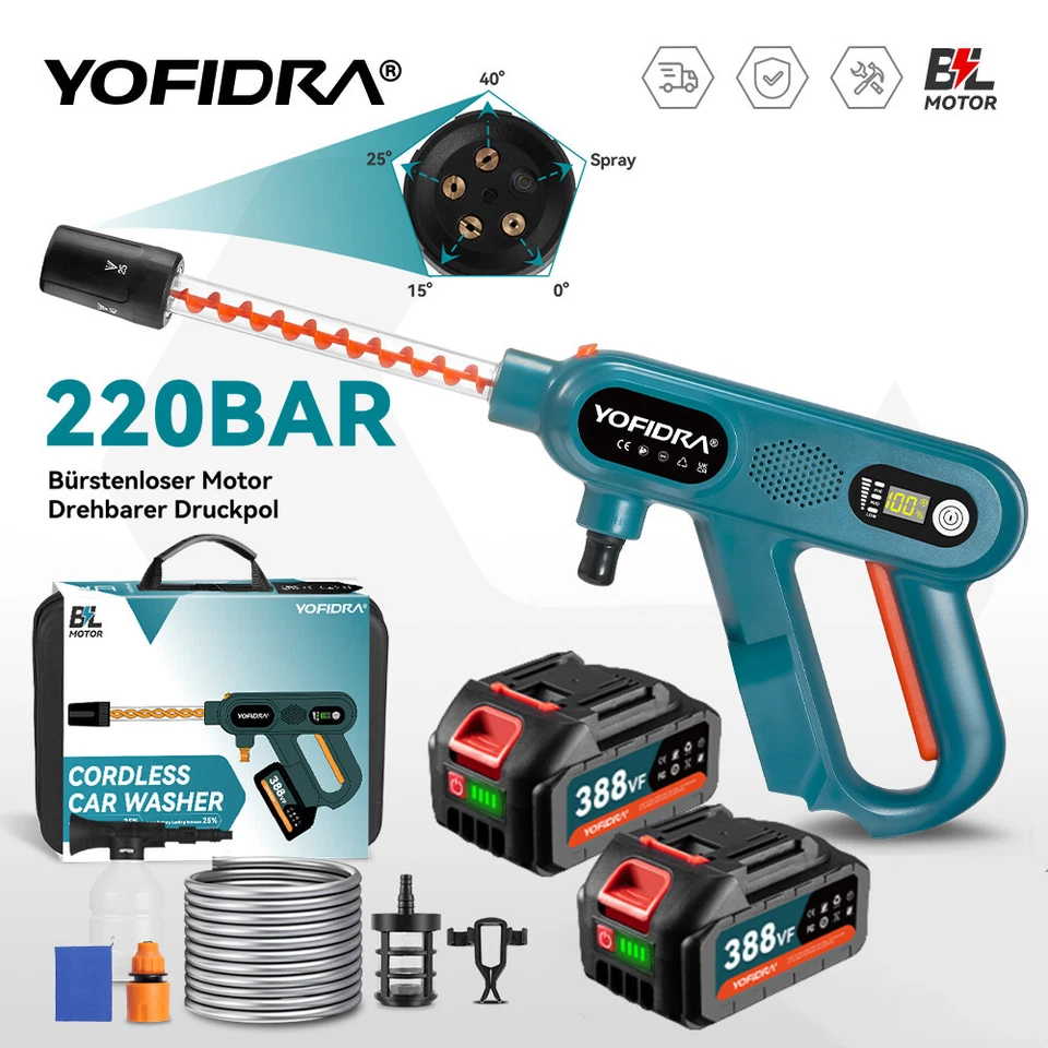 YOFIDRA® Akku Hochdruckreiniger 220Bar AutoMobiler Druckreiniger Spritzpistole