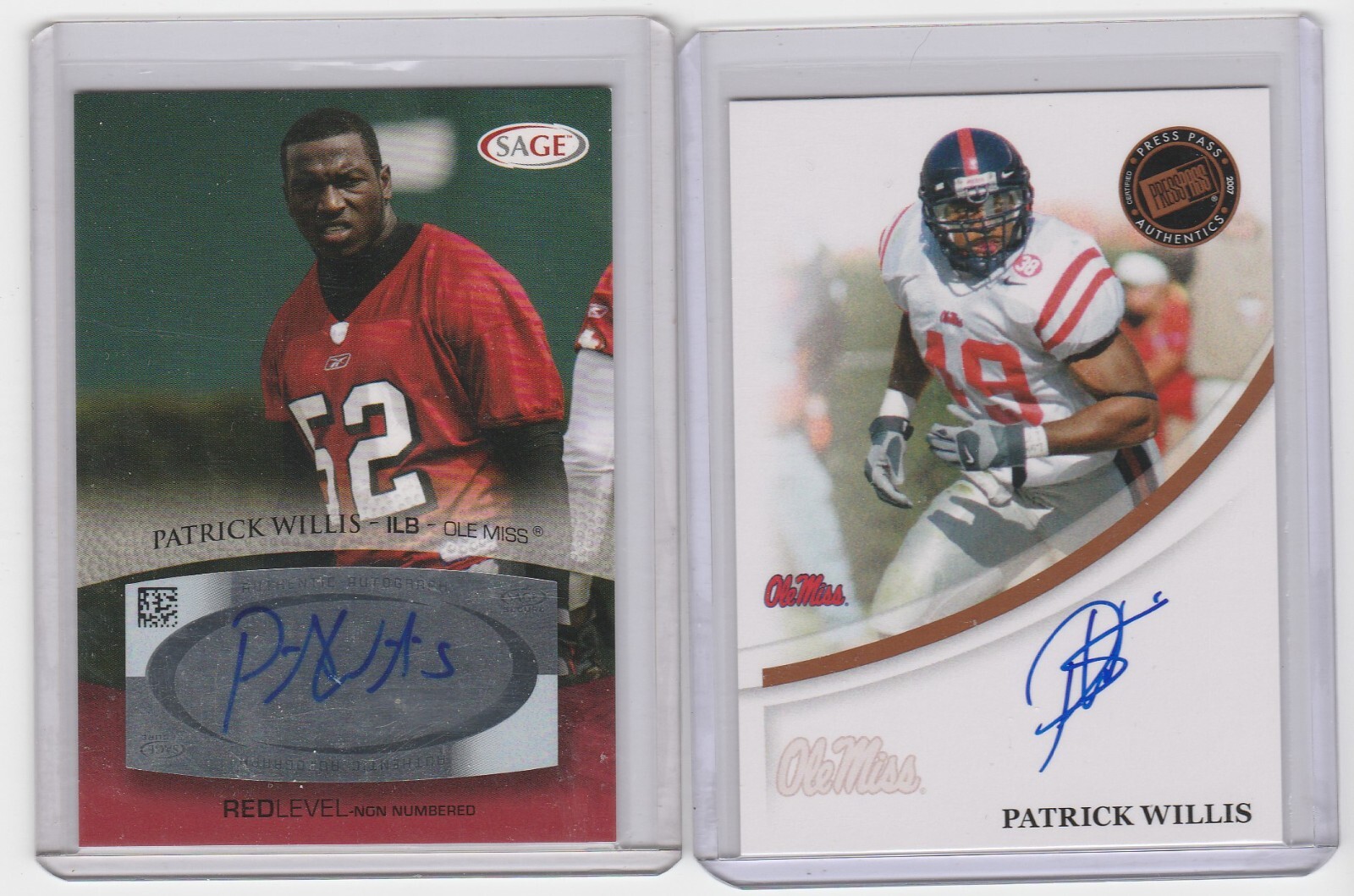 Patrick Willis Autographed Signed Ole Miss Rebels 2007 Press Pass AND Sage Rookie 