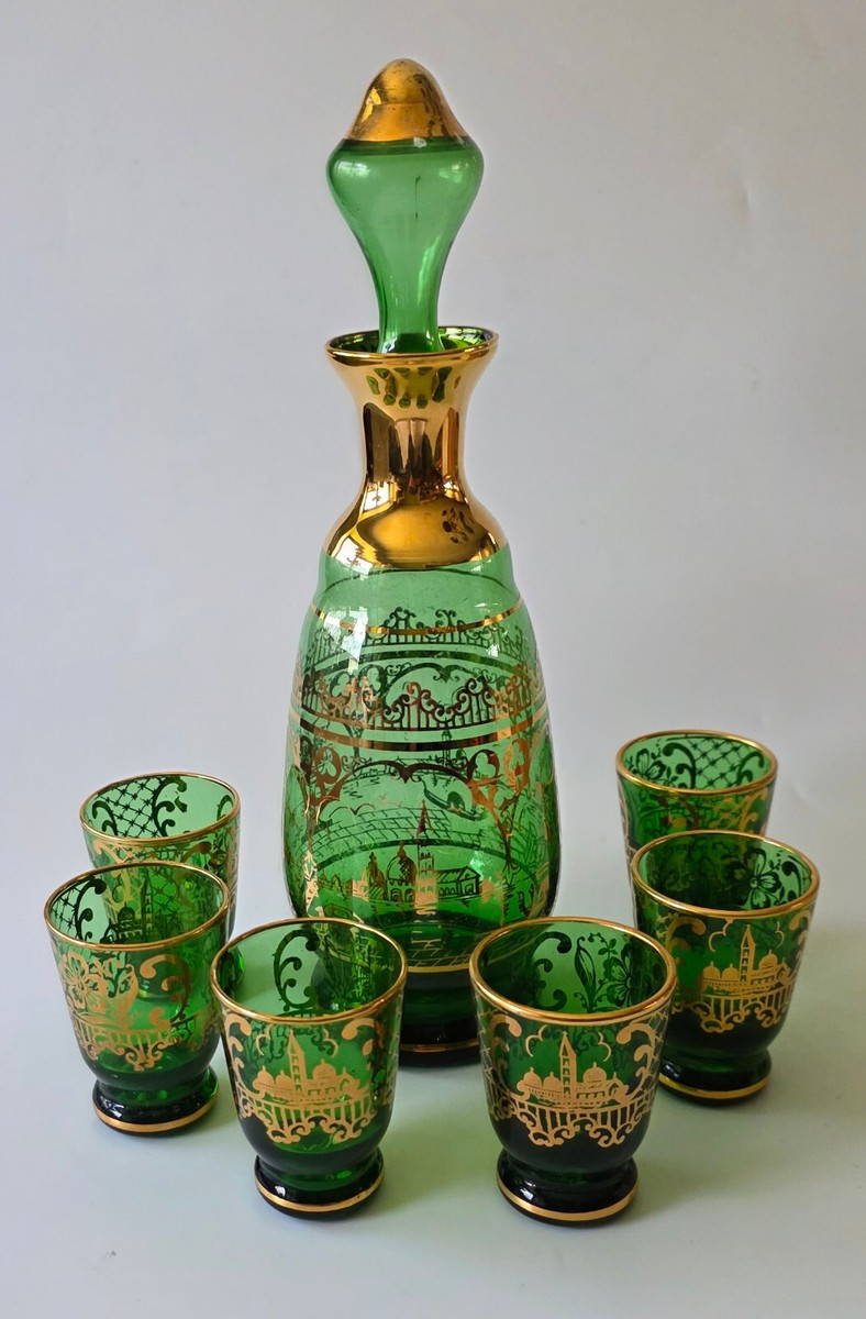 工芸品 SAN MARCO MURANO GLASS Vtg MURANO Glass 8 Pc. Decanter Set San Marco Square