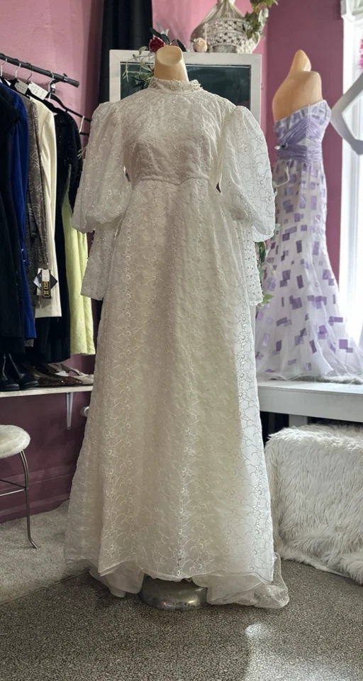 Винтажный 60-х Emma Domb свадебное платье епископ рукава бант назад белый Mod S/M - Изображение 2 из 4