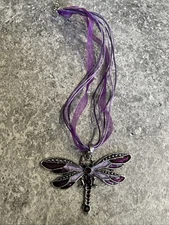 Purple Dragonfly Silver Tone Rhinestone Pendant Necklace 16”  Ribbon GAR4-16