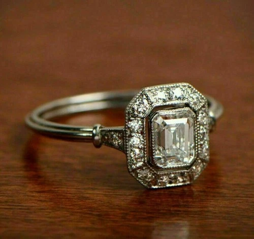 Art Deco Antique 2.10Ct Emerald Cut White Diamond Vintage Ring 14K White Gold FN