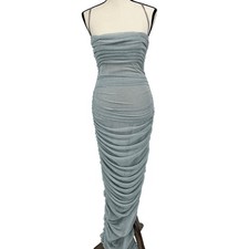 House of CB Fornarina Dress Women S Blue Metallic Ruched Maxi Semi Sheer Rare