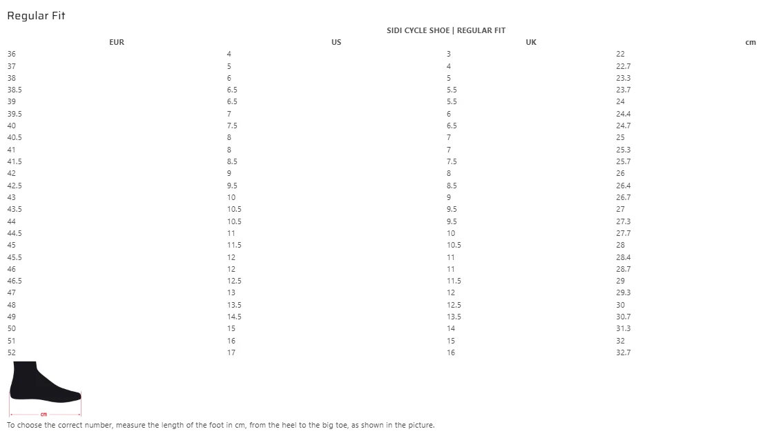 Cycling shoe size chart EU UK US