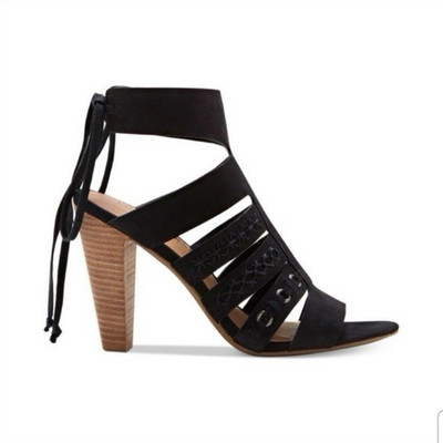 Lucky Brand Black Leather Strappy Block Heel Lace Up Sandals Braided Women's 7