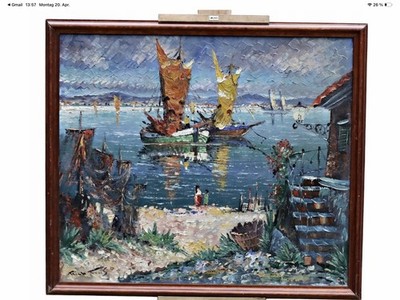 Richard Friis   Maritime Szene mit Segelbooten   Öl auf Leinwand signiert