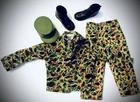 Vtg 1965 Hasbro GI Joe Marine Camouflaged Fatigue Set, Cap,Boots ~ Green Japan