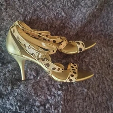 Ann Marino gold leather/calfhair anklestrap opentoe heels Sz 7.5M
