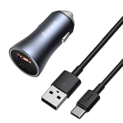 Car Quick Charger 40W 12-24V USB + USB-C 1m Cable , Dark Gray, Baseus