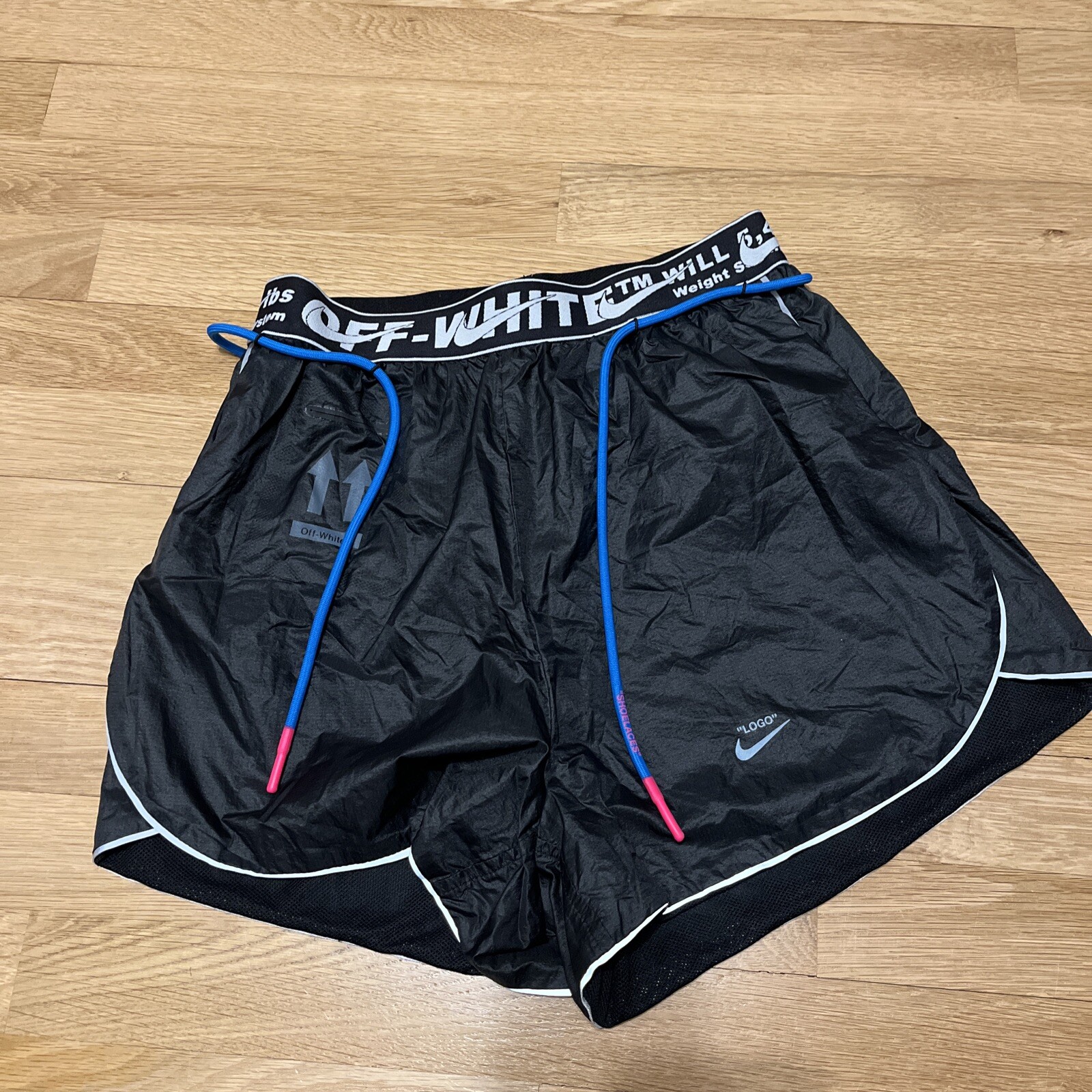 OFF WHITE X NIKE Nike x Off White NRG Pantaloncini da Corsa Donna TAGLIA SMALL S Nero "Lacci" Riflettente