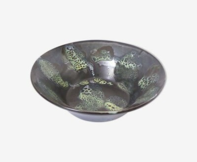 saladier bol coupe en céramique flammé noir et vert vintage ancien h.9cm