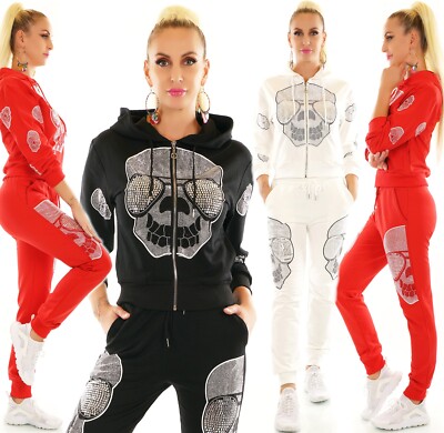 Damen Jogginganzug Sport Fitness Freizeit Jacke Hose Strass Nieten Skull Kapuze 