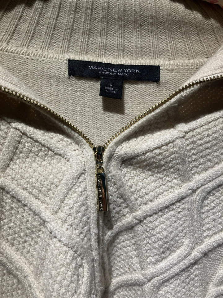 Suéter para mujer Marc New York cremallera completa marfil (crema) con cuello, grande, tejido con cable Foto 2 de 4