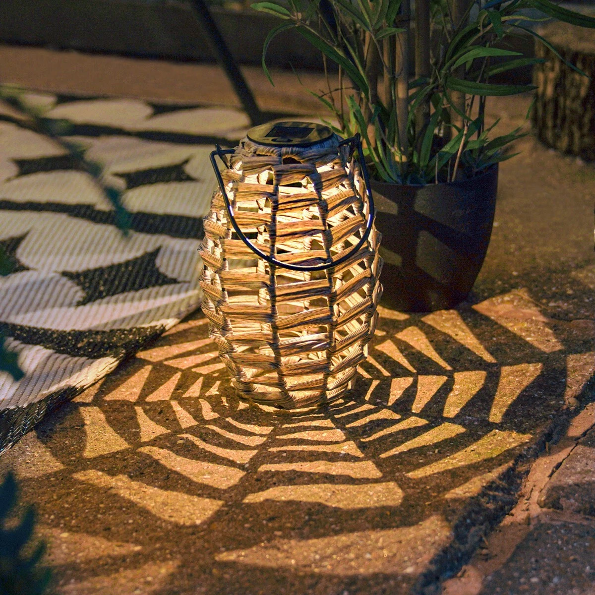 20cm Solar Rattan LED Lantern Grey Outdoor Hanging Free Standing Garden Light