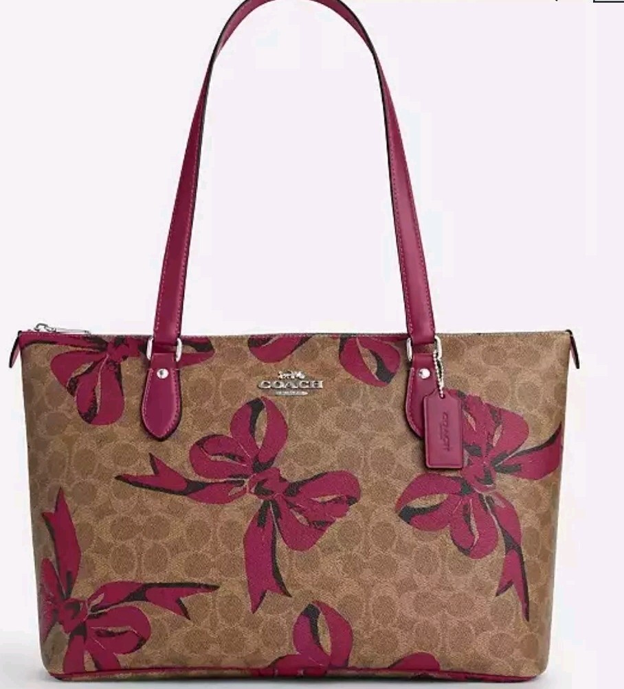 Coach Gallery Tote Shoulder Bag Signature Canvas Pink Bow