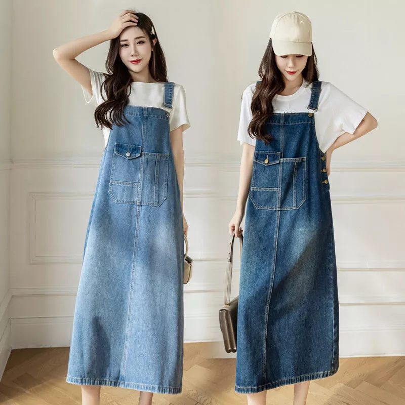 Fashion Women Denim Jumpsuit Loose Overalls Dress Long Suspender Skirts  Casual