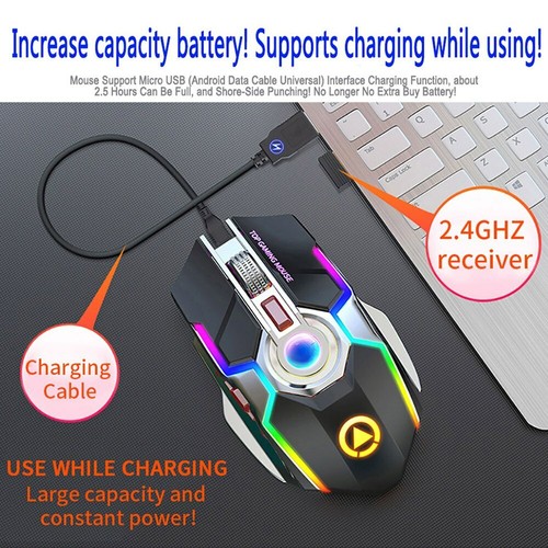 Souris de jeu silencieuse sans fil Rechargeable 2.4G 1600 DPI 7 boutons LED USB - Picture 4 of 10
