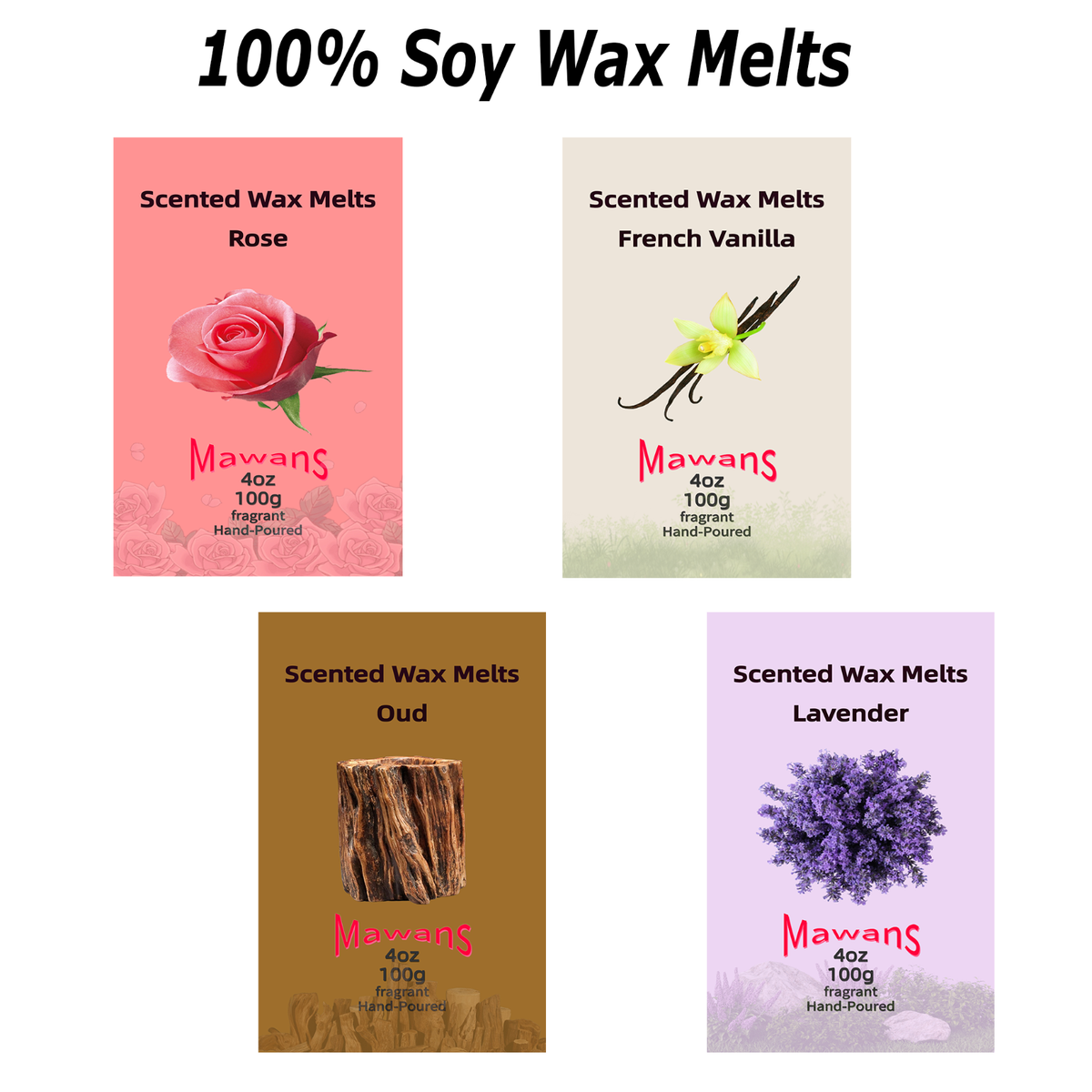 MAWANS Wax Melts Pack Oud Vanilla Rose Lavender Soy wax 100g