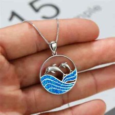 Two DOLPHINS 1" Pendant Necklace with Chain Waves Jumping Beautiful Gift Girls