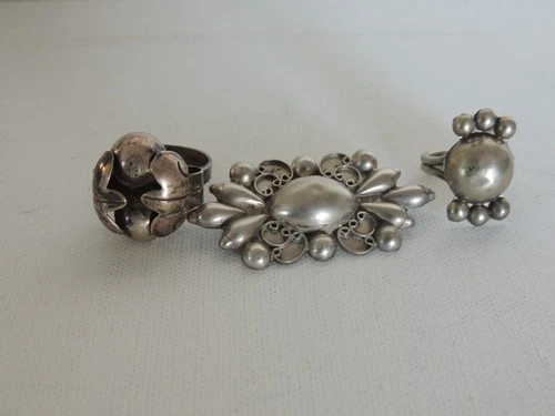 3 PCS VINTAGE MEXICO STERLING SILVER JEWELRY 2 RINGS & BROOCH 20.5 grams