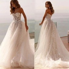 Boho A-Line Wedding Dresses Strapless Backless Lace Flower Applique Bridal Gowns