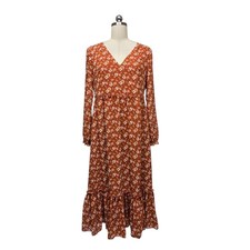 J.Crew Womens Rust Orange Floral V-Neck Long Sleeve Tiered Midi Dress Size Small
