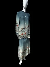 Citron Santa Monica 100% Silk Japanese  Floral Bird Skirt Suit 3 Pieces Size M