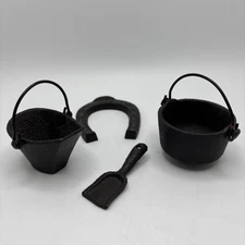 LOT: 4 VINTAGE CAST IRON MINIATURES - COAL BUCKET SHOVEL CAULDRON POT HORSESHOE