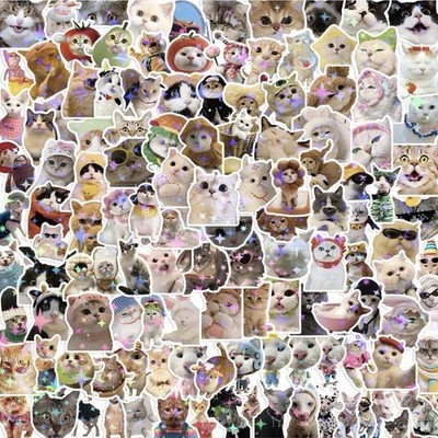 30Pcs Random Holographic Glitter Cat Meme Kitten Cartoon Waterproof Stickers