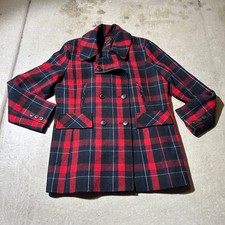 Pendleton Coat Women 16 Red Navy Plaid Wool Blend Double Breasted Peacoat