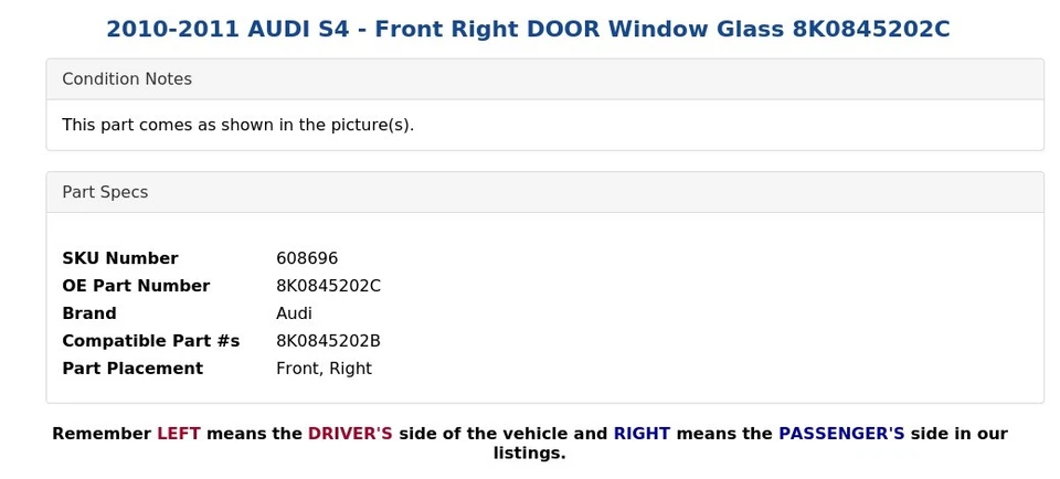 2010-2011 AUDI S4 - Front Right DOOR Window Glass 8K0845202C - Image 3 of 4