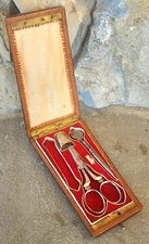 Antique French Sewing Kit Victorian- -Walnut- Scissors, Thimble & Awl. 