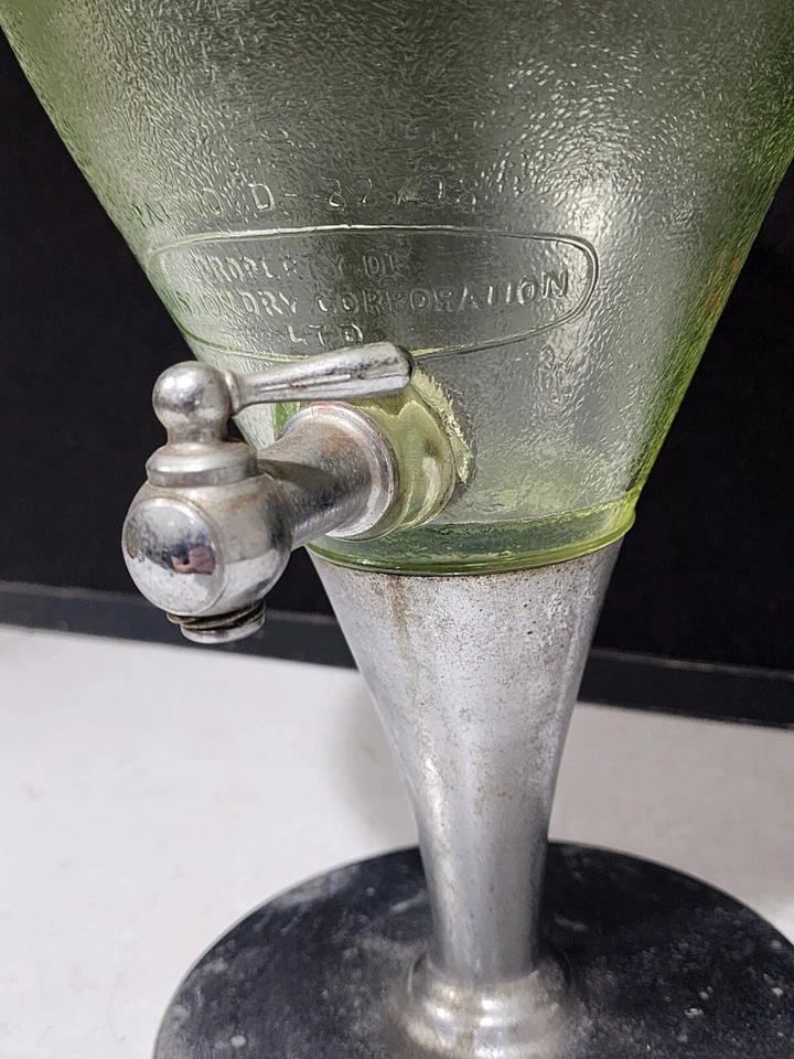 Antique Uranium Green Glass Mission Fruit Juice Dispenser Chrome Base - Image 3 of 4