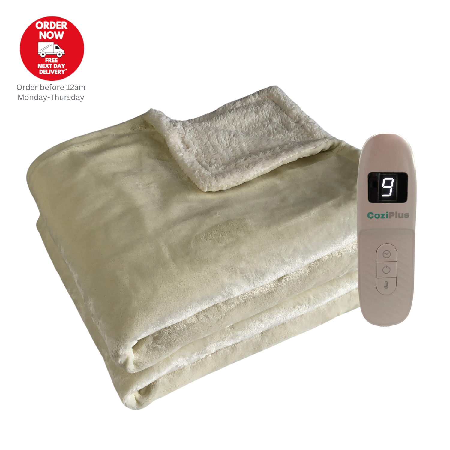 CoziPlus Electric Heated Throw Over Blanket Cream, 9 Heat & Timer Controller,XL