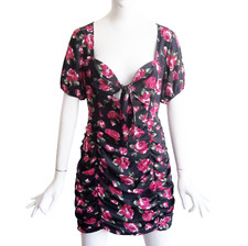 NASTY GAL Rose Print Puffy Sleeve Sweetheart Neckline Ruched Tie Neck Dress Sz 6