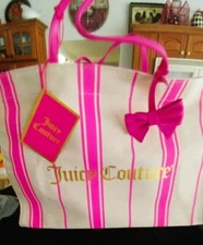 Juicy Couture Canvas Hot Pink Striped w/Bow Tote Shopping TOO CUTE Beach Bag NWT