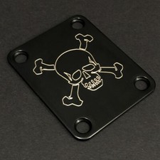 GUITAR NECK PLATE - Engraved Etched - SKULL  BONES - Fits Fender - BLACK